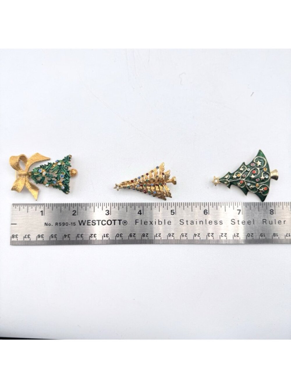 Christmas Tree Brooch Lot of 3 - MYLU Bell Enamel Rhinestone Gold Tone Tree - Picture 11 of 13